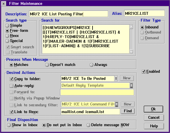 Screenshot of MR/2 ICE Filter Window